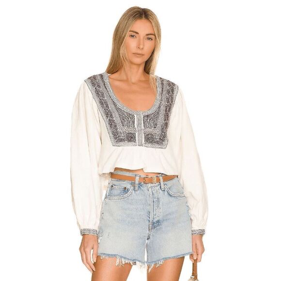 Free People Ivory Black Bean Combo Iggie Embroidered Top Women's Size Medium - Picture 1 of 7